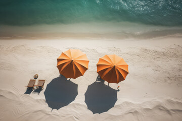View from above a tropical beach with white sand and azure sea shore, two beach umbrellas on the beach. Summer concept, copy space. Generative AI professional photo imitation.
