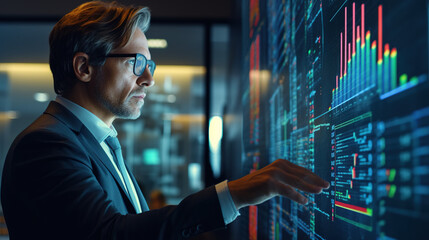 Side view portrait profile of handsome middle age businessman in eyeglasses touching hologram screen in futuristic office. Business, people and future technology concept