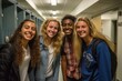 © Postproduction - Students bonding with their neighbors in the dorm hallway, genuine smiles, friendly gestures. Generative AI