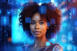 Head-shot of beautiful African-America woman with curly hair on futuristic background. Artificial intelligence, people and technology concept.