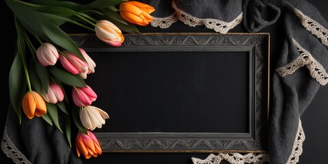 Wall Mural - tulips on a shawl as a frame for a chalkboard generative ai