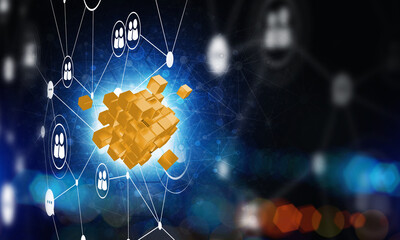 Wall Mural - concept of internet and networking with digital cube figure on dark background