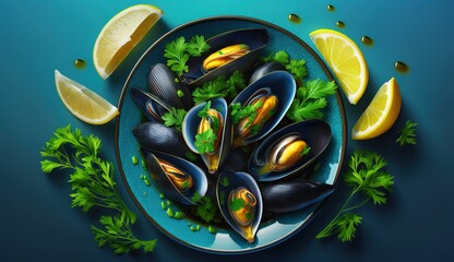 Wall Mural - blue backdrop, cooked mussels on a platter with parsley and lemon. generative ai