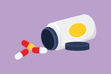 Cartoon flat style drawing plastic bottle of pills in isometric view. Tablet pills medical drug pharmacy care and tablet pills antibiotic pharmaceutical logo, icon. Graphic design vector illustration