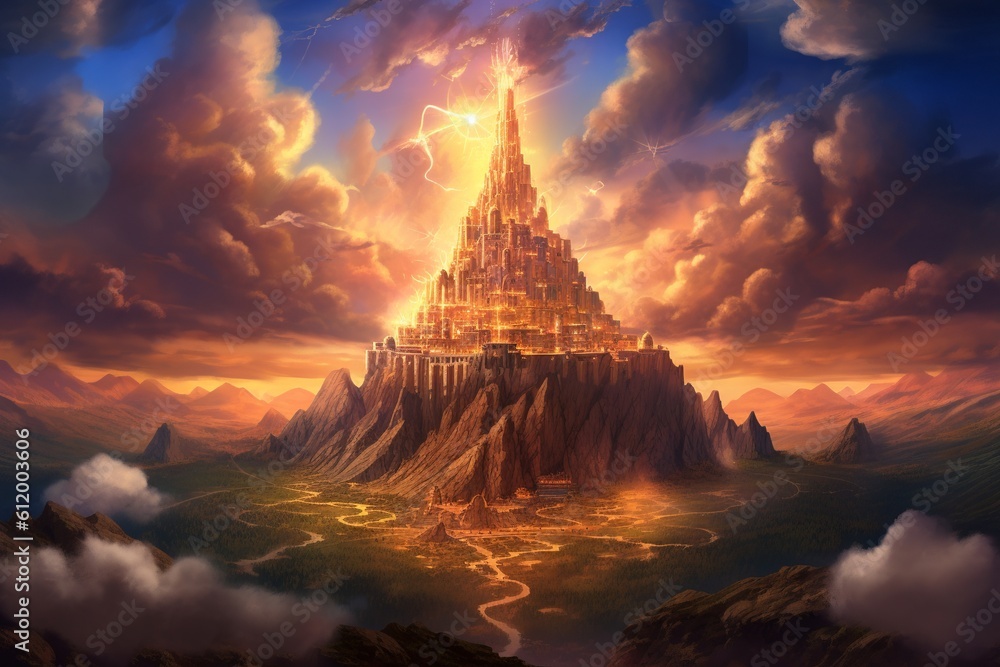 Illustration of Mount Olympus with grand temples and mythical creatures, modern aesthetic.