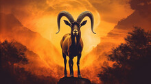Portrait Photo Of A Goat On A Sunset Background Created With Generative Ai