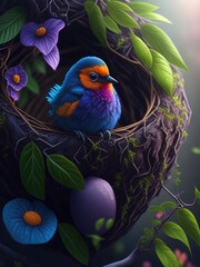 Wall Mural - A little cute bird on a bird nest