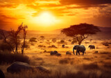 Fototapeta Sawanna - Safari sunset with animals. Nature wildlife savannah landscape. Generative AI.