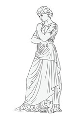 Wall Mural - An ancient Greek woman in a tunic standing in a thoughtful pose. Female figure isolated on white background