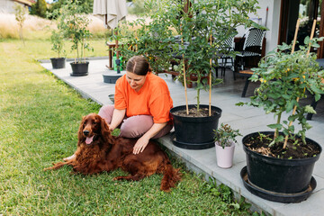 Cheerful happy young woman playing with her dog in the yard of the house in summer. Beautiful Irish Setter dog is lying in grass. 30s adult girl adopting adorable dog in animal shelter.