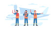 Air marshals in uniform with walkie-talkies. Employees in signal vests at aircraft runway. Airplane landing. Airport crew. Regulators poses. Standing men with sticks. Vector concept