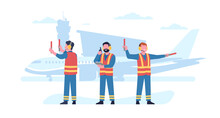 Air Marshals In Uniform With Walkie-talkies. Employees In Signal Vests At Aircraft Runway. Airplane Landing. Airport Crew. Regulators Poses. Standing Men With Sticks. Vector Concept