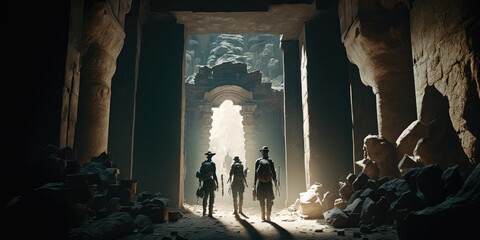 Close up movie still of a group of explorers finding ancient abandoned temple inside a huge cavern. Generative AI AIG16.