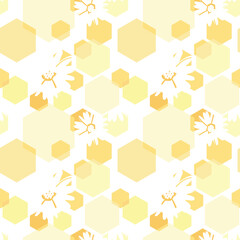 Wall Mural - Honeycomb vector seamless pattern. Honey with flowers colorful print background.