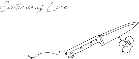 Wall Mural - Continuous line drawing of kitchen knife and onion