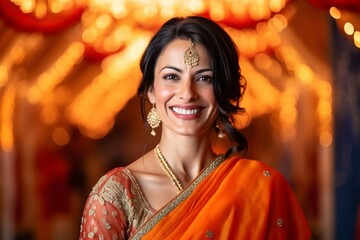 Beautiful Indian woman in traditional saree and jewelry at henna festival