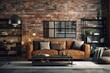 Living room industrial style leather sofa. Generate Ai