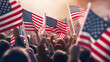 Crowd of people holding USA flags and cheering on demonstration. Postproducted generative AI illustration.