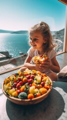 Wall Mural - A little girl sitting at a table with a bowl of fruit. Generative AI image.