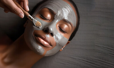 Cosmetician applying clay facial mask on young woman face, Skincare in a beauty salon. Generative AI