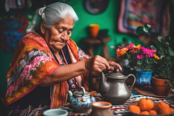 Poster - An old woman pouring tea into a pot. Generative AI image.