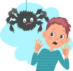 Wall Mural - Kids fear. Frightened boy afraid of spider. Children phobia. Fearful insect. Spooky tarantula hanging on spiderweb. Panicked young person. Terrified teenager. Vector arachnophobia concept