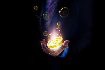 Businessman hand open holding gold coin icon. Digital transformation investment and finance concept