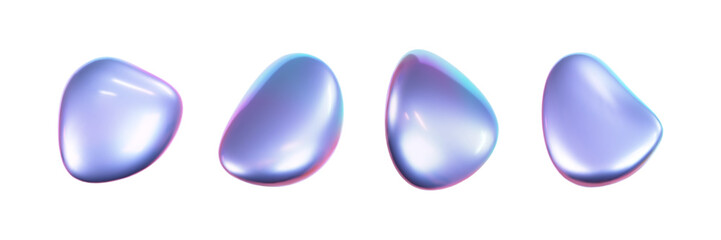 Wall Mural - 3d holographic liquid shape, iridescent chrome fluid bubble set isolated on white background. render