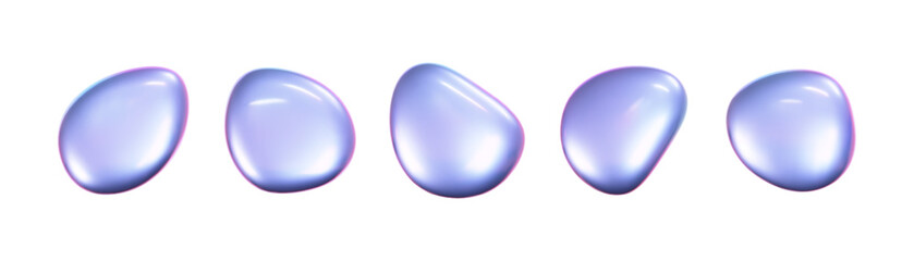 Wall Mural - 3d holographic liquid shape, iridescent chrome fluid bubble set isolated on white background. render