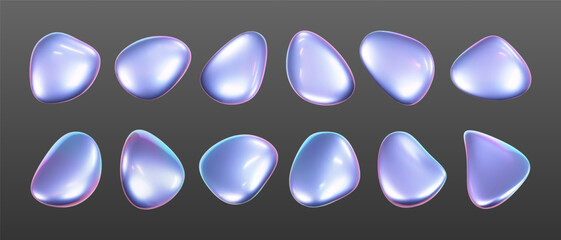 Wall Mural - 3d holographic liquid shape, iridescent chrome fluid bubble set isolated on dark background. render 
