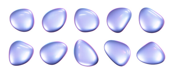 Wall Mural - 3d holographic liquid shape, iridescent chrome fluid bubble set isolated on white background. render
