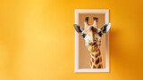 Laughing giraffe looking through the window of a house, concept of curiosity and interest, copy space, AI generation