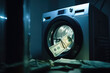 close up of pile of dirty money placed in washing machine, AI