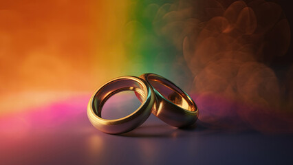 Two gold wedding rings with rainbow light background. Generative AI