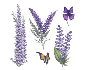 Wall Mural - set of watercolor butterfly bush flower elements on transparent backgroud,generative ai