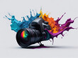 Abstract and colorful DSLR camera color splash on white background. ai generative