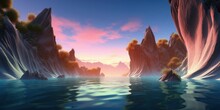 3d Render, Fantasy Landscape Panorama With Rocks And Water. Abstract Fantastic Background. Spiritual Zen Wallpaper Illuminated With Red Sunset Light, Generative AI