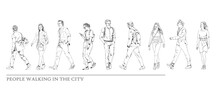 Business People Walking In The City, Sketch. Side View. People In Suits Silhouettes For Your Project