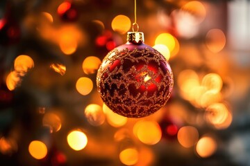 Christmas with Decoration red balls and lights In abstract defocused background, New Year concept , Generate Ai