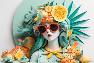 Wall Mural - a mannequin that is dressed in eyeglasses and is wearing a hat that is decorated with fruit Generative AI