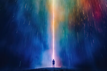 Man Standing In Front Of The Huge Rainbow Portal Gate, AI