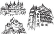 Graphical set of castles from Germany isolated on white,vector sketchy illustration. Historical buildings