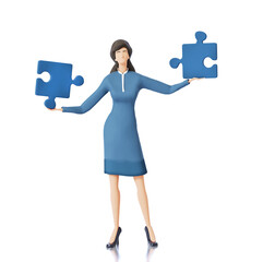 Wall Mural - Businesswoman holds puzzle pieses. Working, Winning, achievement concept  3d rendering illustration 