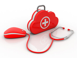 3d illustration stethoscope connected computer mouse with cloud first aid box