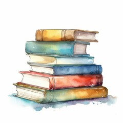 Watercolor-Style Stack of Books Illustration with White Background [Generative AI]