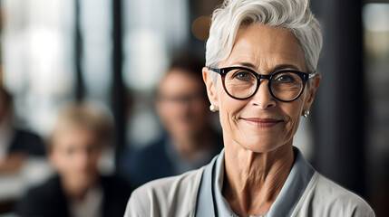 Confident middle aged businesswoman in suit sitting against her colleagues in the office .Created with Generative AI technology.