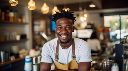 Canvas Print - Successful african american business owner standing with crossed arms with his trendy cafe in background. ?reated with Generative AI technology.