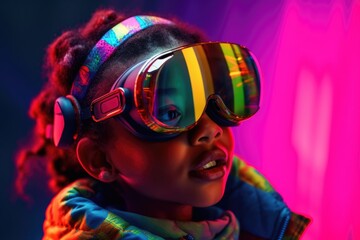 Wall Mural - Portrait of African-American child wearing virtual reality headset. Vivid colors and neon glowing HMD on girls' face.Generated with AI