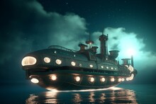 A Large Steam Ship Floating In The Sea With Lights On, In The Style Of Futuristic Victorian. Generative AI.