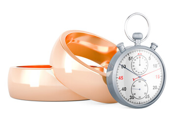 Golden wedding rings with stopwatch, 3D rendering